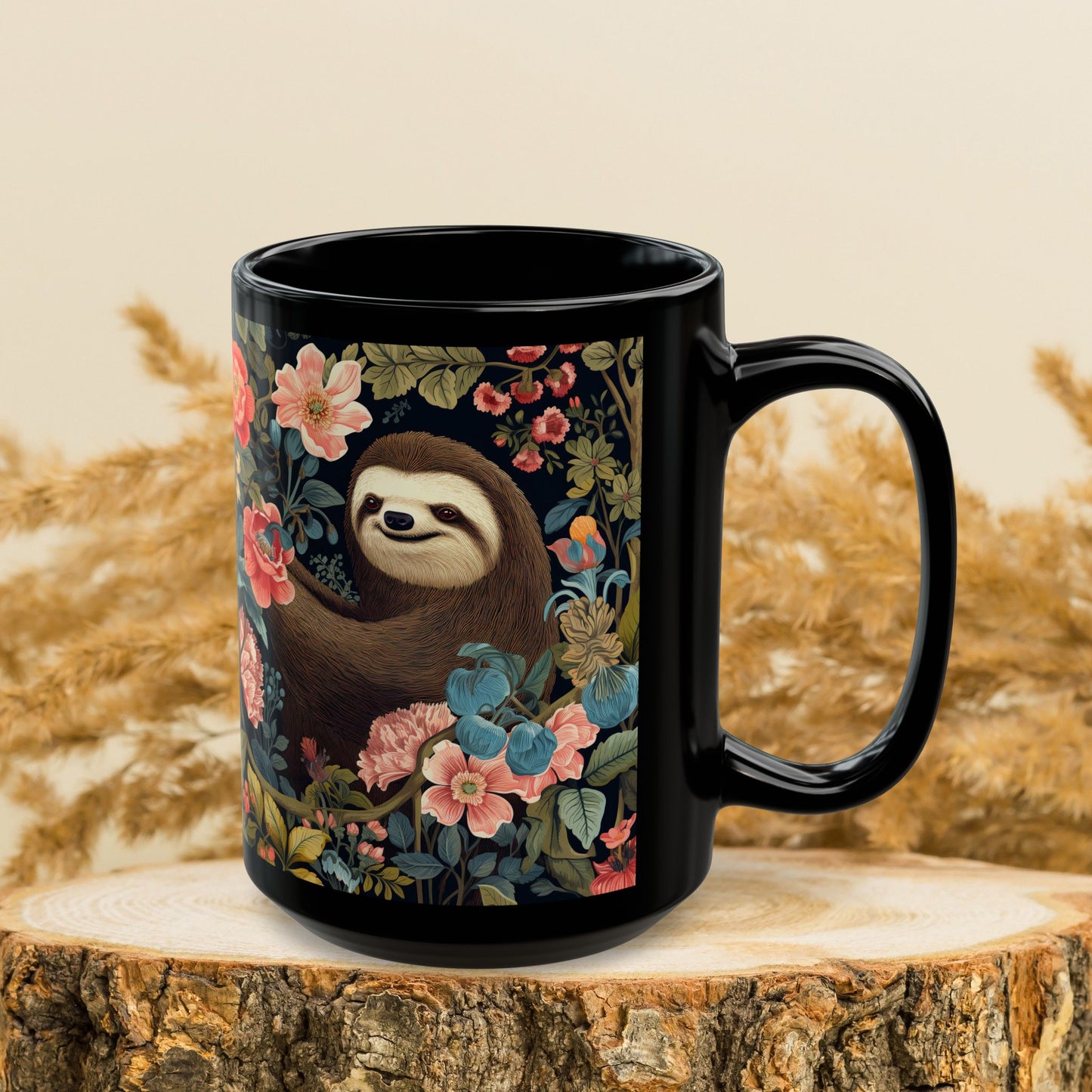William Morris Inspired Floral Spring Sloth Black Mug