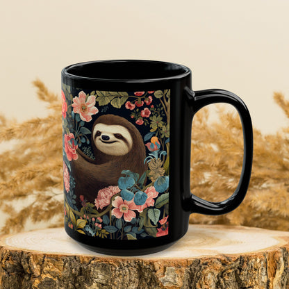 William Morris Inspired Floral Spring Sloth Black Mug