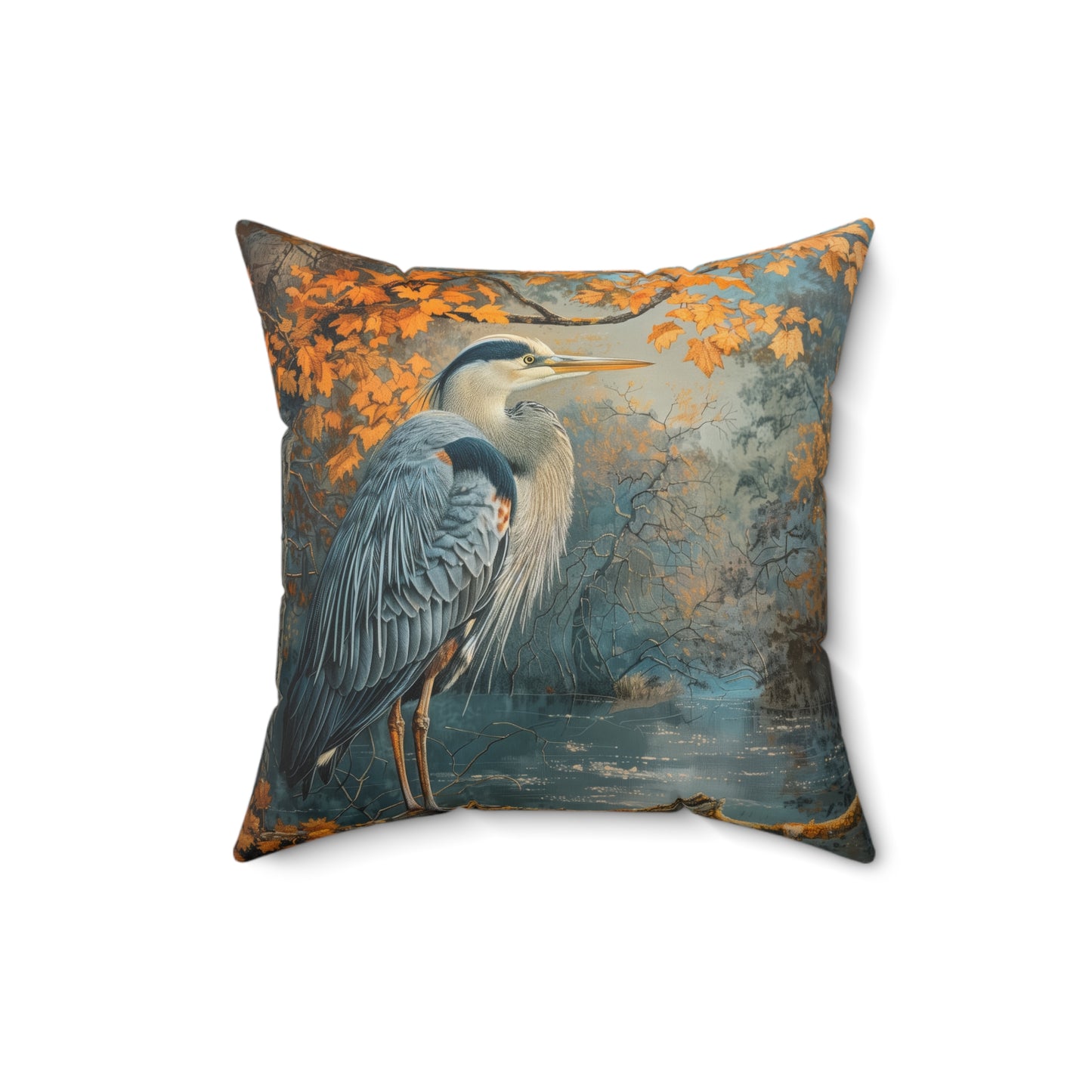 Autumn Heron Throw Pillow: Rustic Lake Scene Wildlife Decor