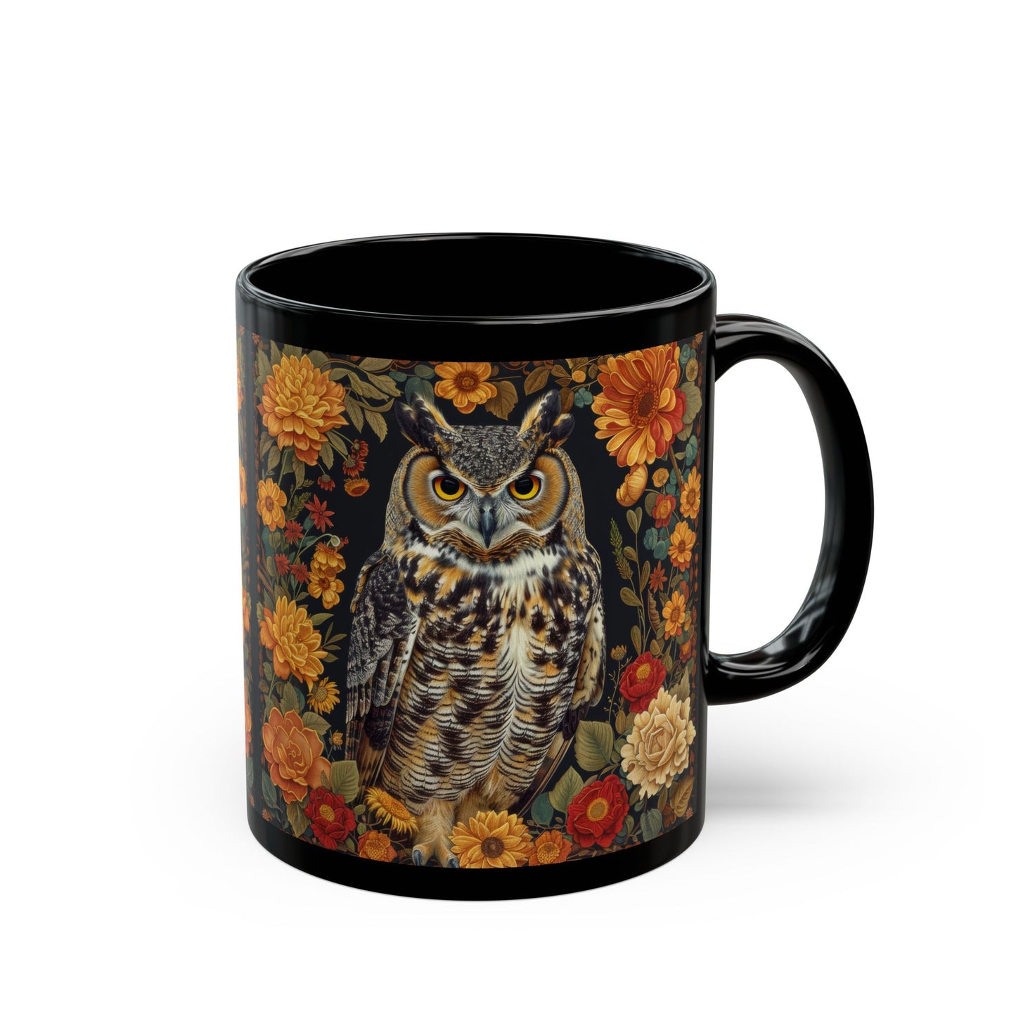 Black Mug, William Morris Inspired Great Horned Owl Fall Florals Ceramic Cup, Coffee Lover Gift, Unique Home Decor, Halloween Tea Cup,