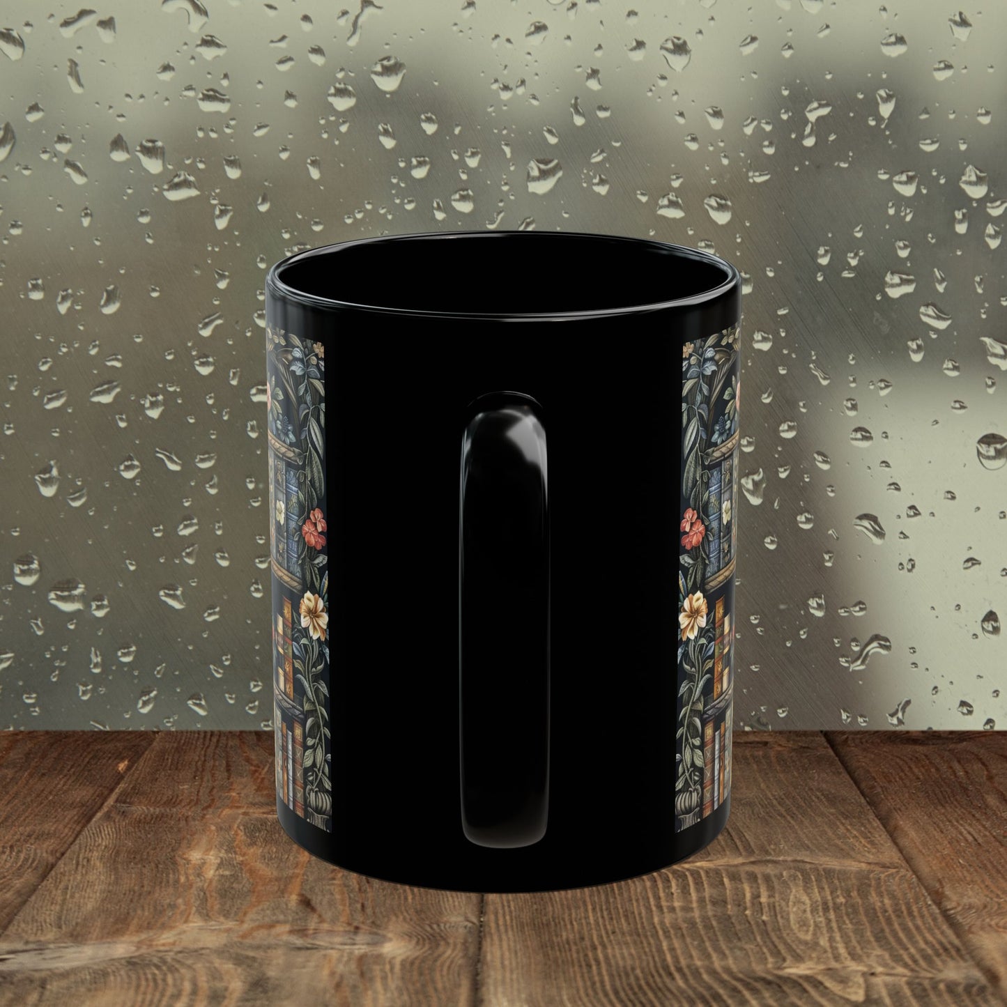 Vintage Bookshelf Mug, William Morris Style Library Black Ceramic Mug, Dark Academia Floral Book Lover Coffee Cup 11oz & 15oz
