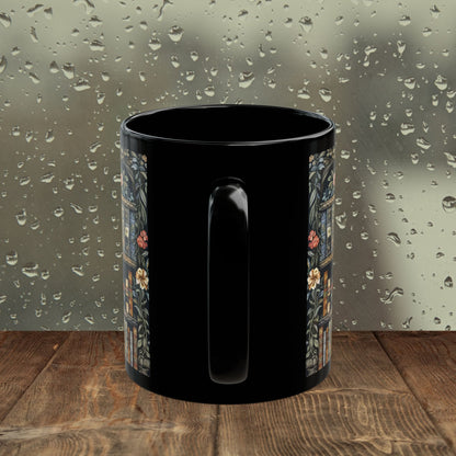Vintage Bookshelf Mug, William Morris Style Library Black Ceramic Mug, Dark Academia Floral Book Lover Coffee Cup 11oz & 15oz