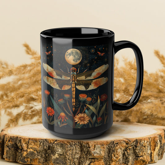 Cottagecore Dragonfly Full Moon William Morris Inspired Botanical Dragonfly Black Coffee Mug For Her Him Ceramic Mug Black Mug 11oz, 15o