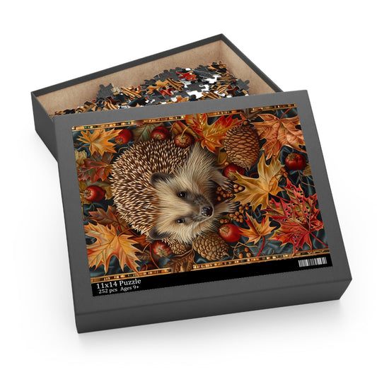 Hedgehog Fall Leaves William Morris Inspired Puzzle Box (120, 252, 500-Piece) Family Jigsaw Puzzle, Puzzle Box Gift