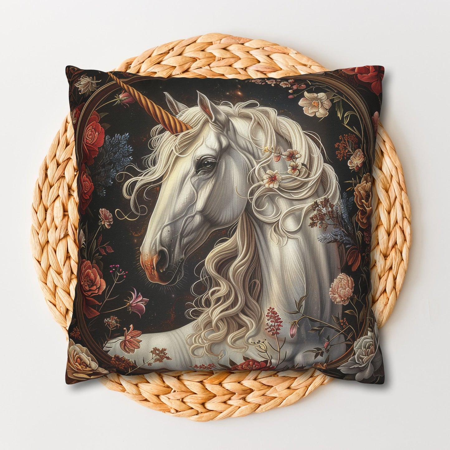 White Unicorn Botanical William Morris Inspired Victorian Pillowcase, Home Decor, Spun Polyester Square Pillowcase