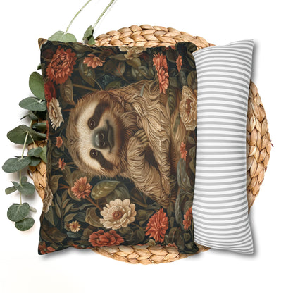 Botanical Sloth Pillowcase, Cozy Woodland Animal Cushion, William Morris Inspired Floral Throw Pillowcase
