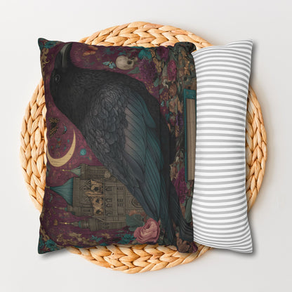 Mystical Raven Gothic Pillowcase with Floral Castle Art – Spooky Halloween Decor, Dark Academia Throw Pillow