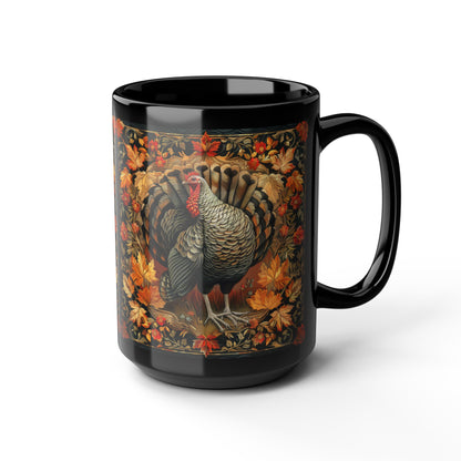 Fall Turkey William Morris Inspired Black Coffee Mug For Her Him Ceramic Mug Black Mug 11oz, 15oz