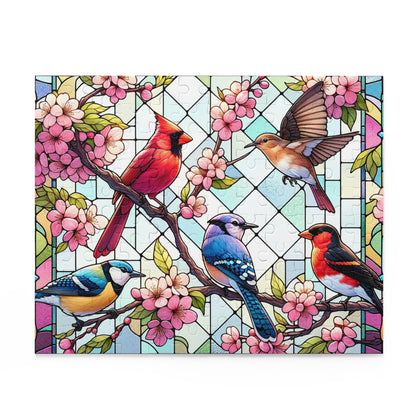 Stained Glass of 5 Spring Birds Jigsaw Puzzle (120, 252, 500-Piece) Adult Jigsaw Puzzle, Gift Him Her