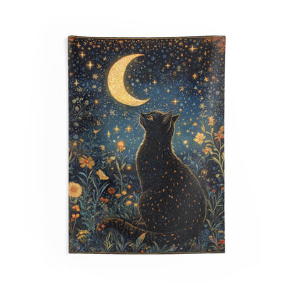 Black Cat Whimsical Night, William Morris Art Deco Hanging Halloween Home Decor | Black Cat Art Wall Tapestry