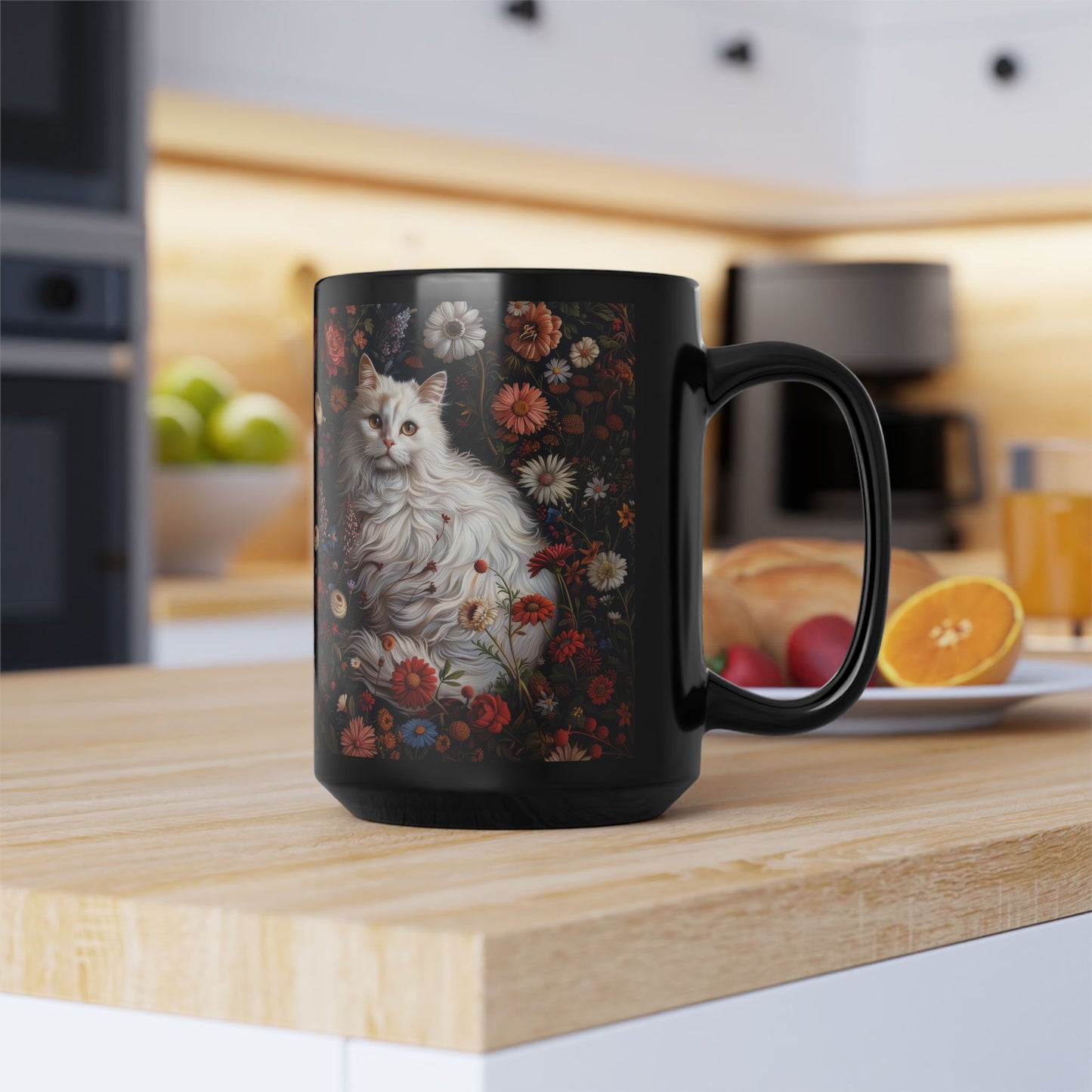 William Morris Inspired White Persian Cat Florals Garden Black Coffee Mug, Cat Lover Gift