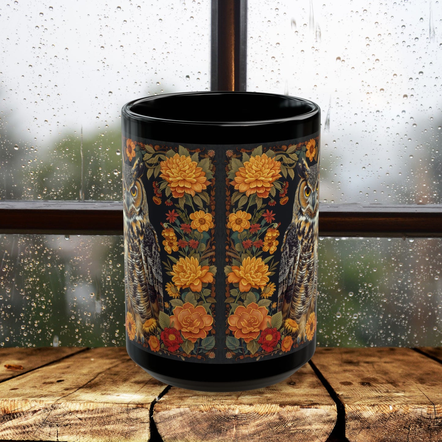 Autumn Great Horned Owl Black Coffee Mug, Fall Floral Wildlife Art, Woodland Animal Coffee Cup, Nature Lover Gift