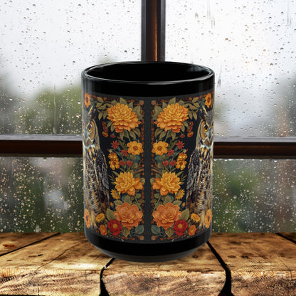 Autumn Great Horned Owl Black Coffee Mug, Fall Floral Wildlife Art, Woodland Animal Coffee Cup, Nature Lover Gift