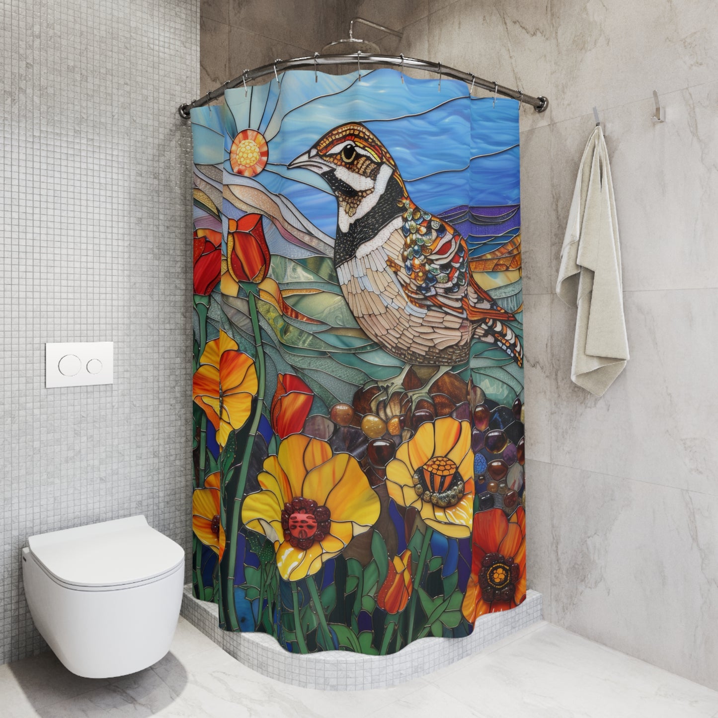 Stained Glass Valley Quail birds and Golden Poppy Field Polyester Shower Curtain