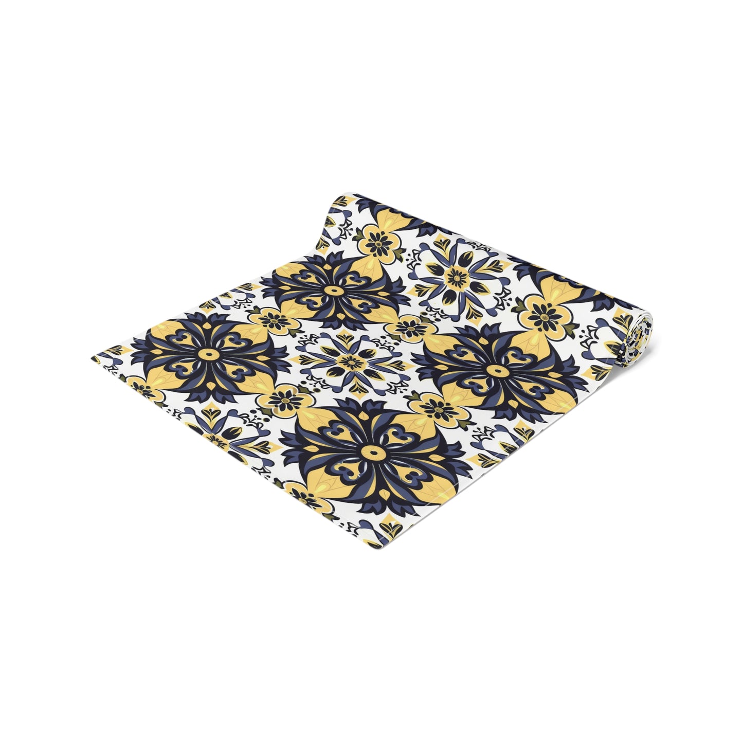 Blue And Yellow Floral Pattern, Azulejo Tile Design Table Runner Home Decor (Cotton, Poly ) Decorative Dining Room Table