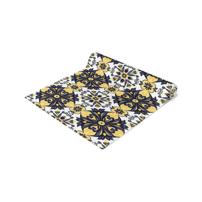 Blue And Yellow Floral Pattern, Azulejo Tile Design Table Runner Home Decor (Cotton, Poly ) Decorative Dining Room Table