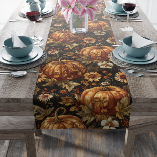 Pumpkin and Flower Pattern Table Runner, Cottagecore Rustic Figurative Art Kitchen Decor (Cotton, Poly) Fall Holiday Dining Table