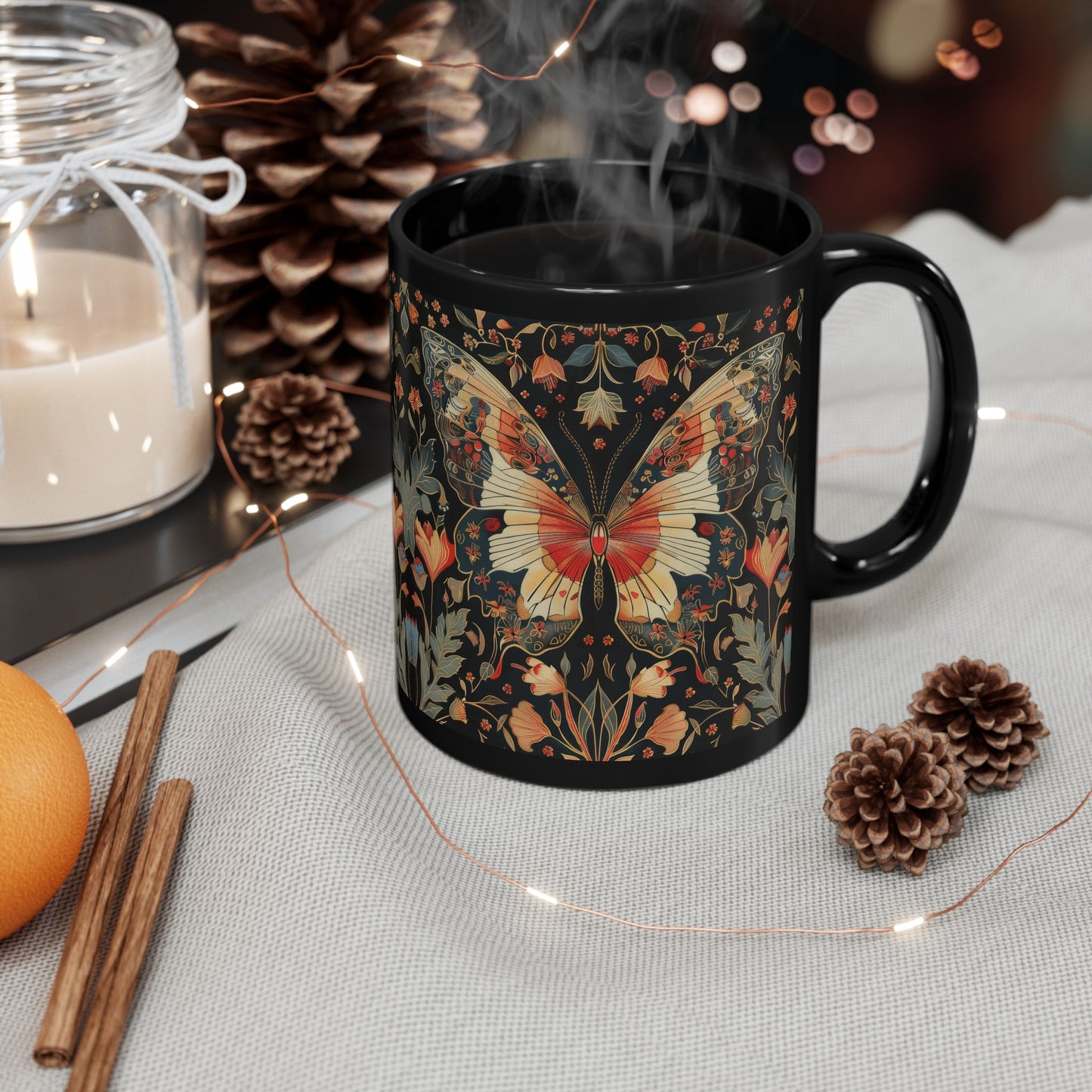 Enchanting Butterfly in the Style of William Morris, Woodland Blossoms Floral Botanical Design Black Mug 11oz, 15 oz