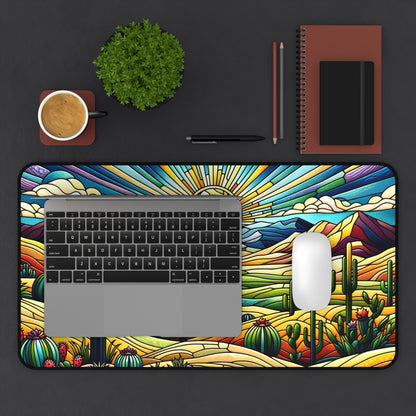 Cactus Desert Scene Stained Glass Design Desk Mat 2 Sizes | Gamer Keyboard Mouse Pad | Office Decor GiftDesk Mats