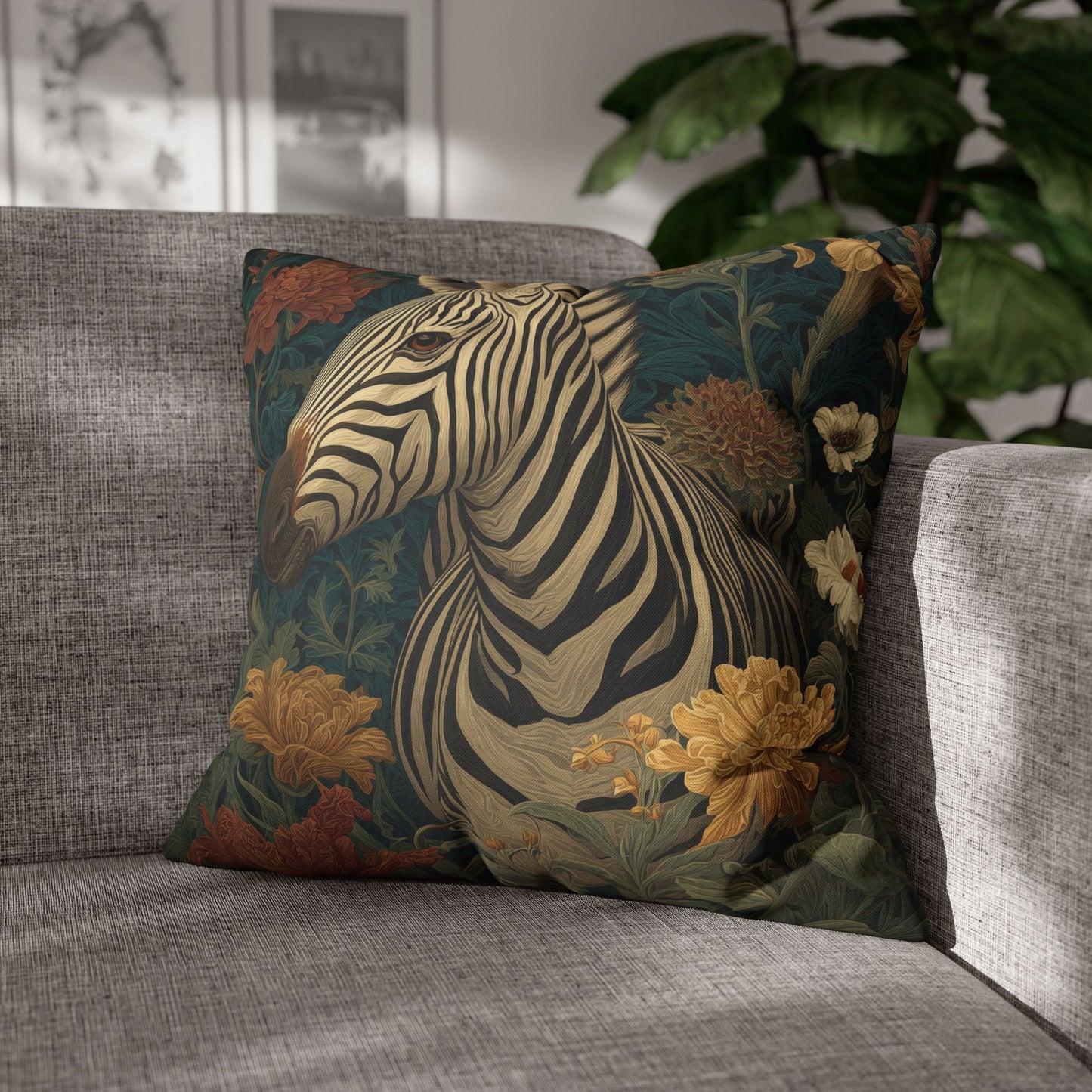Zebra Botanical Decorative Pillowcase, William Morris Style Botanical Animal Cushion for Elegant Home Décor