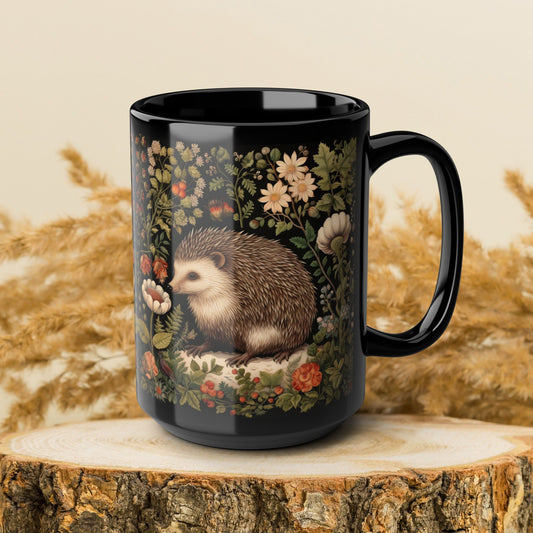 William Morris Inspired Botanical Hedgehog Black Coffee Mug For Her Him Ceramic Mug Black Mug 11oz, 15oz