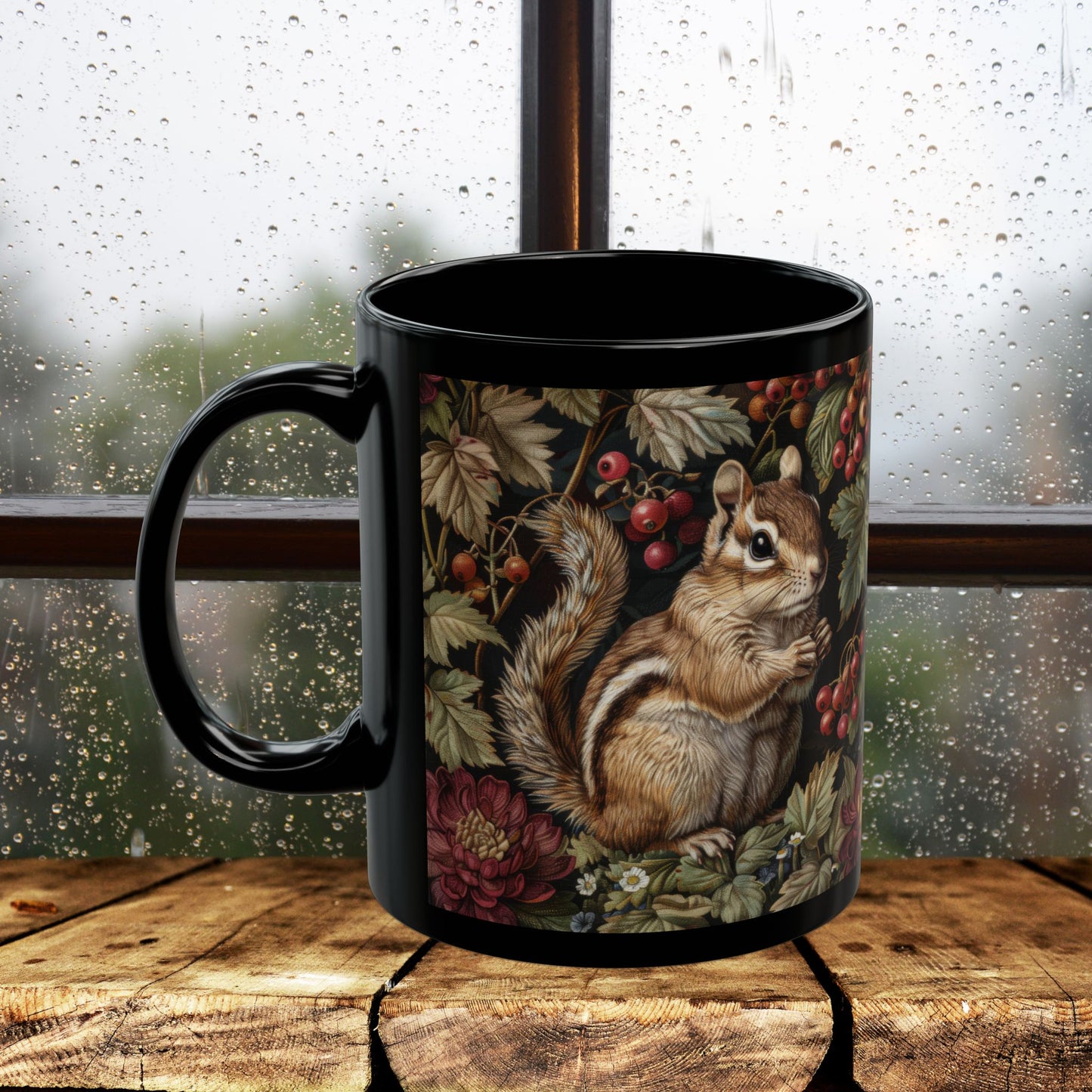 Whimsical Chipmunk Autumn Mug, Black Ceramic Woodland Animal Cup 11oz & 15oz Fall Forest Nature Coffee Mug for Animal Lovers