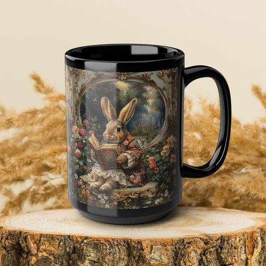 Whimsical Rabbit Black Mug, Easter Bunny Coffee Cup, Floral Decor Coffee Mug, Cute Animal Gift, Morning Tea Mug