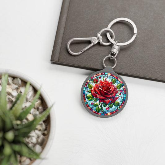 June Rose Gemstone Keyring Tag Birth Month Flower, Roses Faux Watercolor Stained Glass,