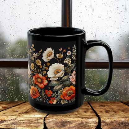 Wildflowers Pattern Embroidery Mug Black Mug 11oz, 15 oz