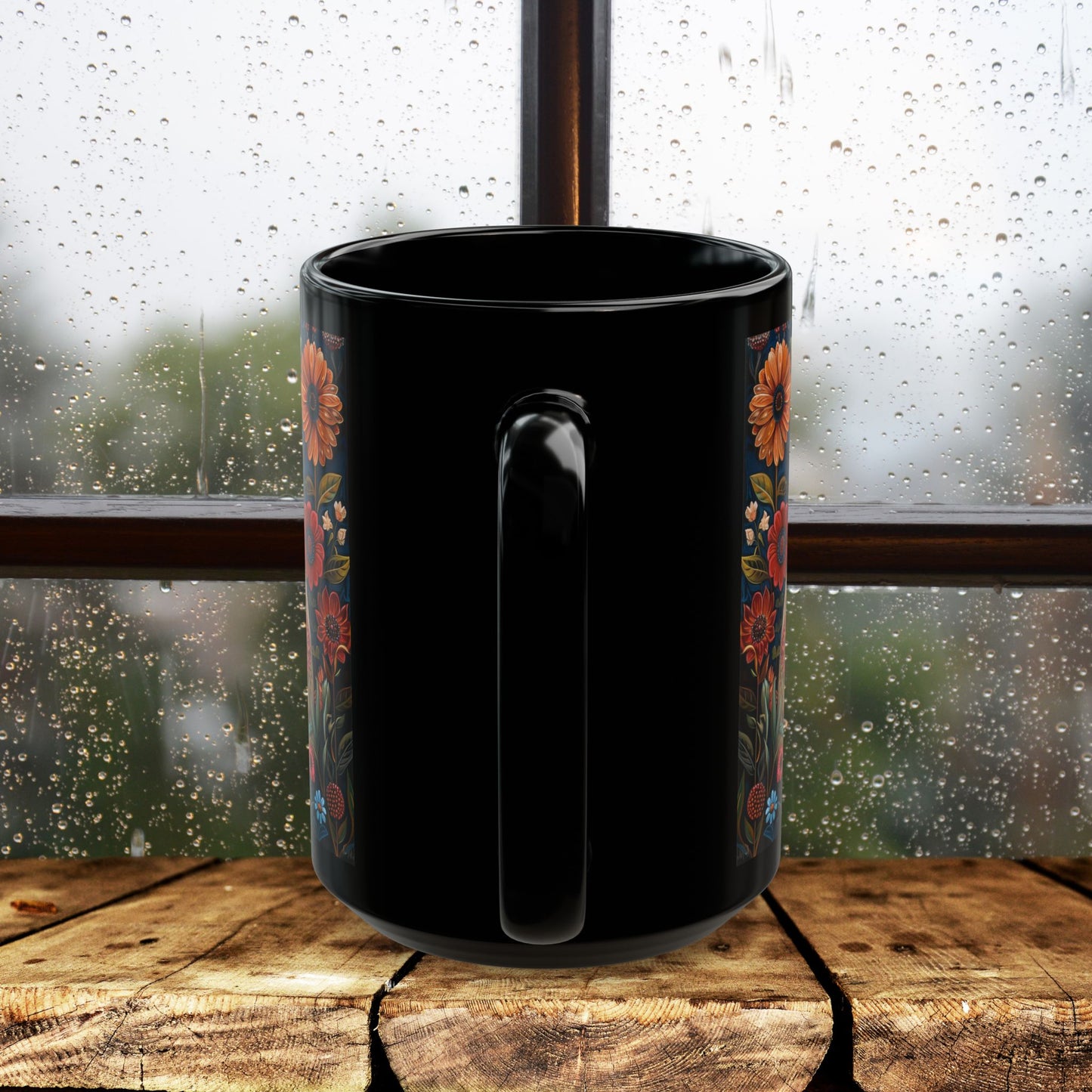 Siamese Cat Coffee Mug: William Morris Floral Design, Black Ceramic (11oz, 15oz)