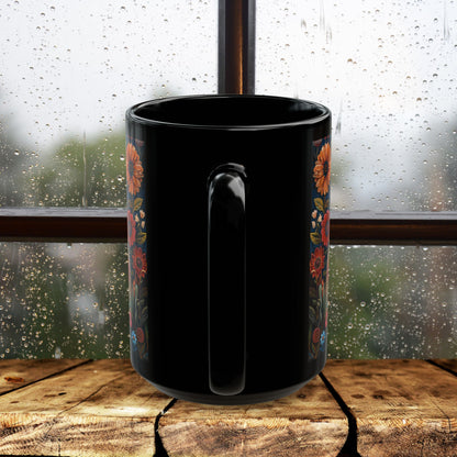 Siamese Cat Coffee Mug: William Morris Floral Design, Black Ceramic (11oz, 15oz)