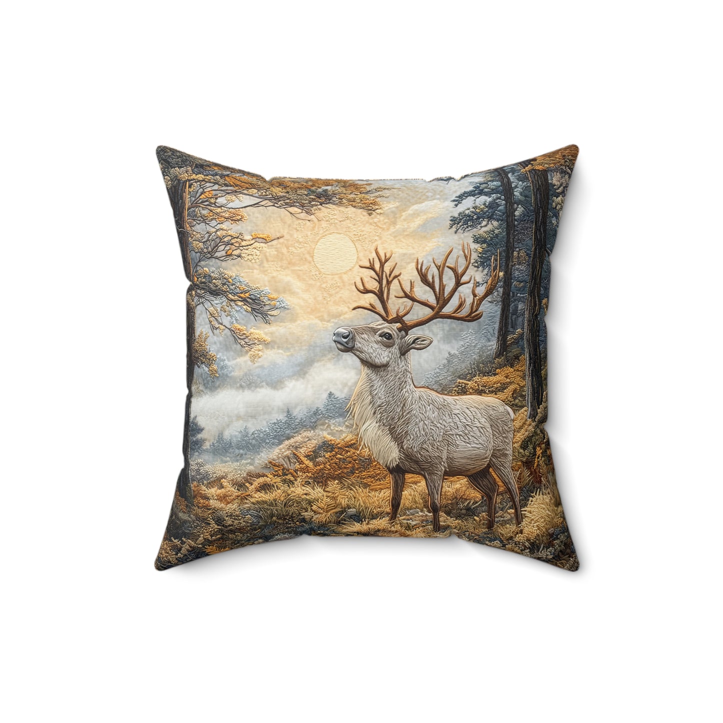 Mountain Reindeer Decorative Fall Square Pillow, Spun Polyester Home Decor, William Morris Inspired