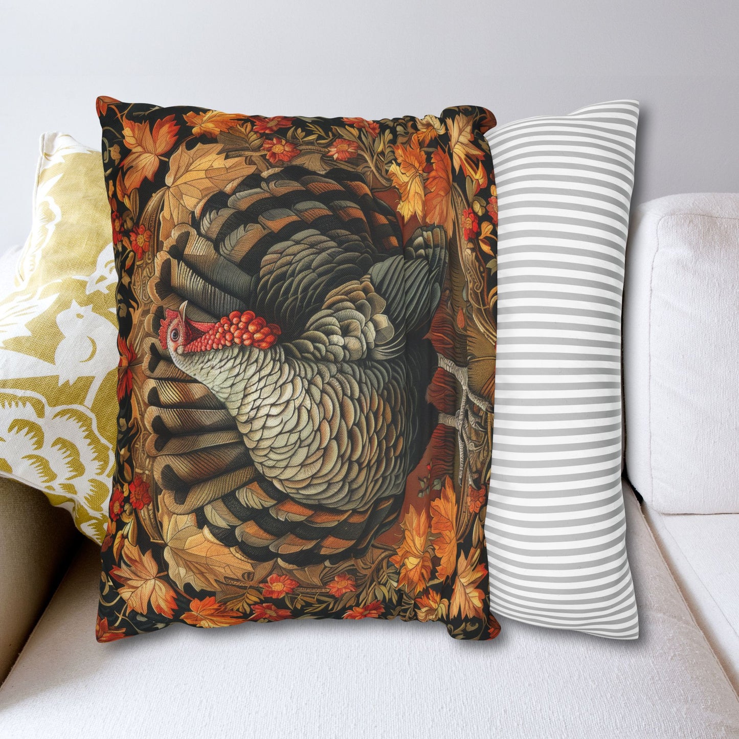 Thanksgiving Turkey Pillowcase, Rustic Harvest Cushion with Autumn Leaves, Farmhouse Fall Home Décor