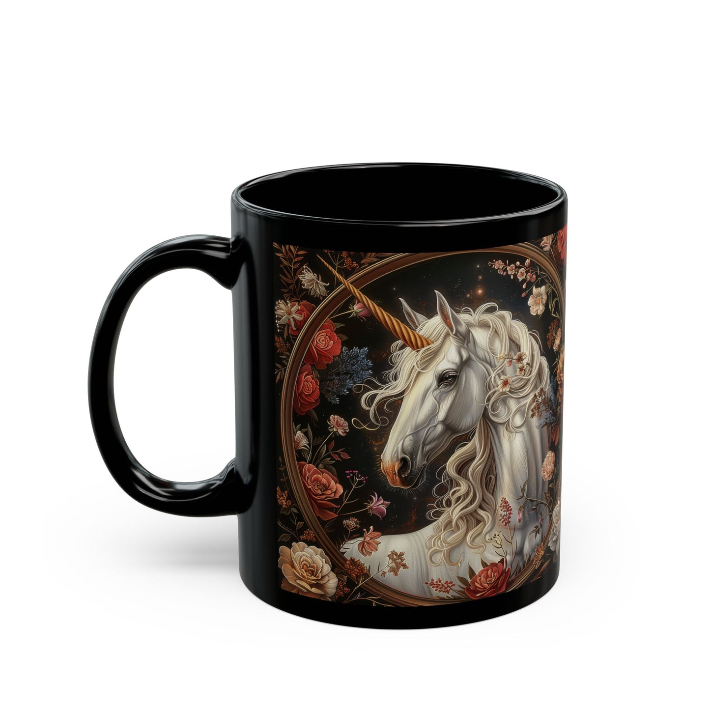 William Morris Inspired Victorian White Unicorn Botanical Black Coffee Mug 11oz, 15oz - Unique Gift for Tea Lovers, Floral Mug, Gift for