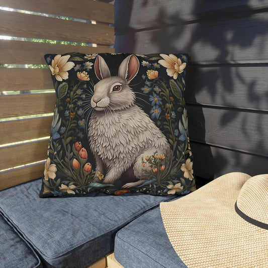 White Rabbit Floral Outdoor Pillow, Bunny Throw Pillow, Cottagecore Cushion, Woodland Animal Decor, Spring Garden Accent Pillow, Nature Lover Gift