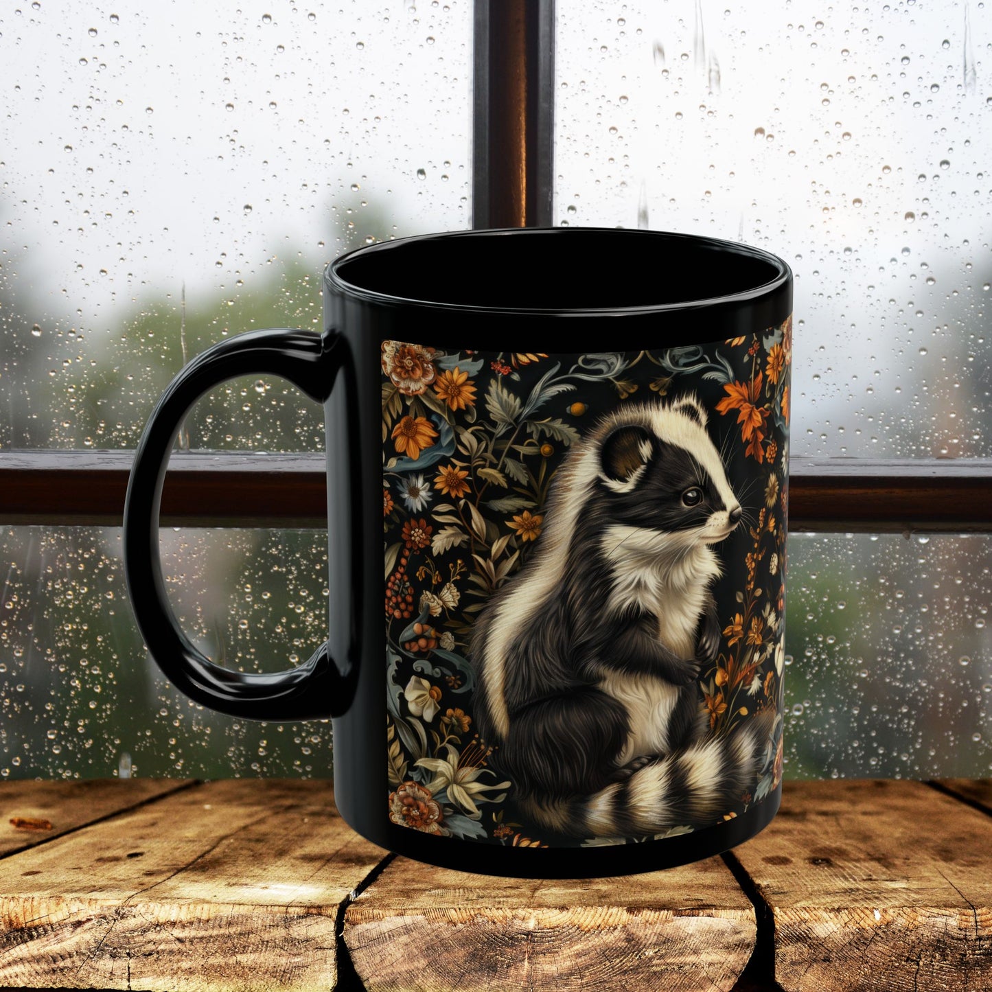 William Morris Inspired Botanical Skunk Black Coffee Mug Gift 11 oz, 15 oz