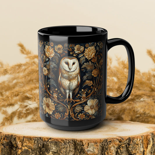 William Morris Inspired Botanical Barn Owl Black Coffee Mug | Mystical Owl Black Mug 11oz, 15 oz