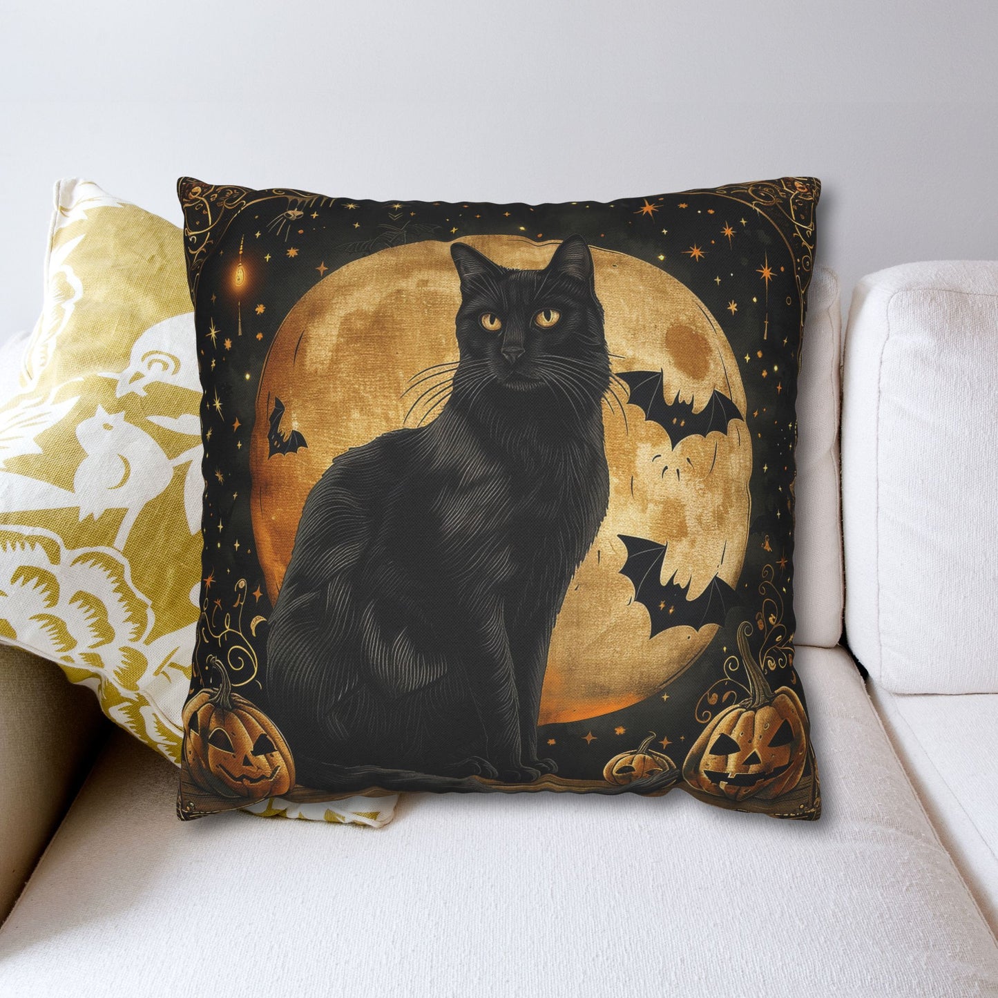 Art Deco Full Moon Black Cat Halloween Home Decor Pillowcase