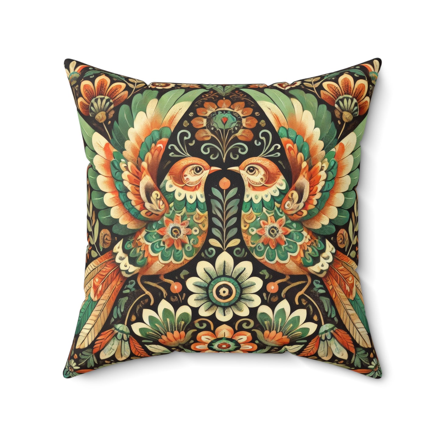 Folk Art of Two Birds and Flowers Pattern Decorative Pillow