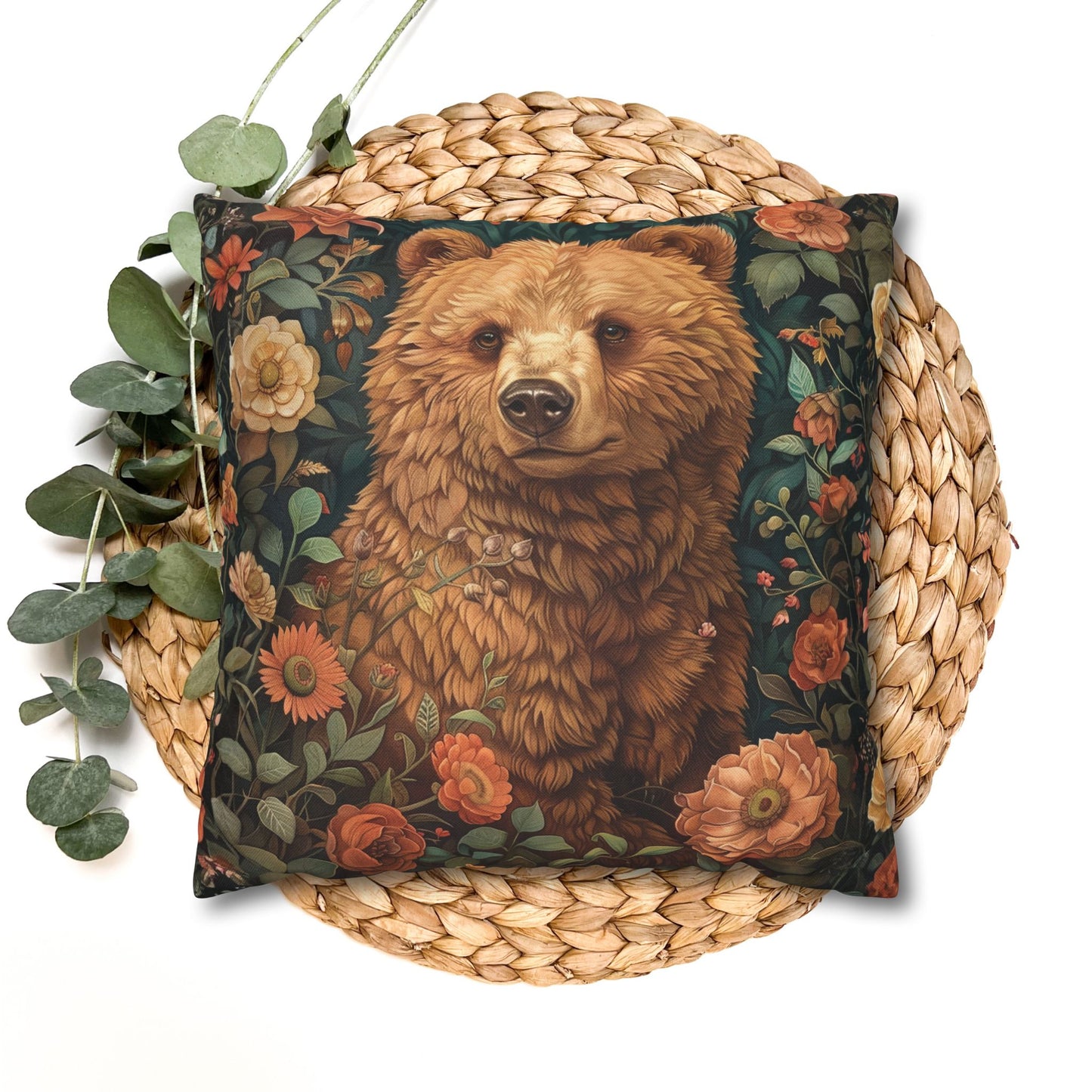 Floral Brown Bear Decorative Pillowcase, Woodland Rustic Throw Pillow Cover
