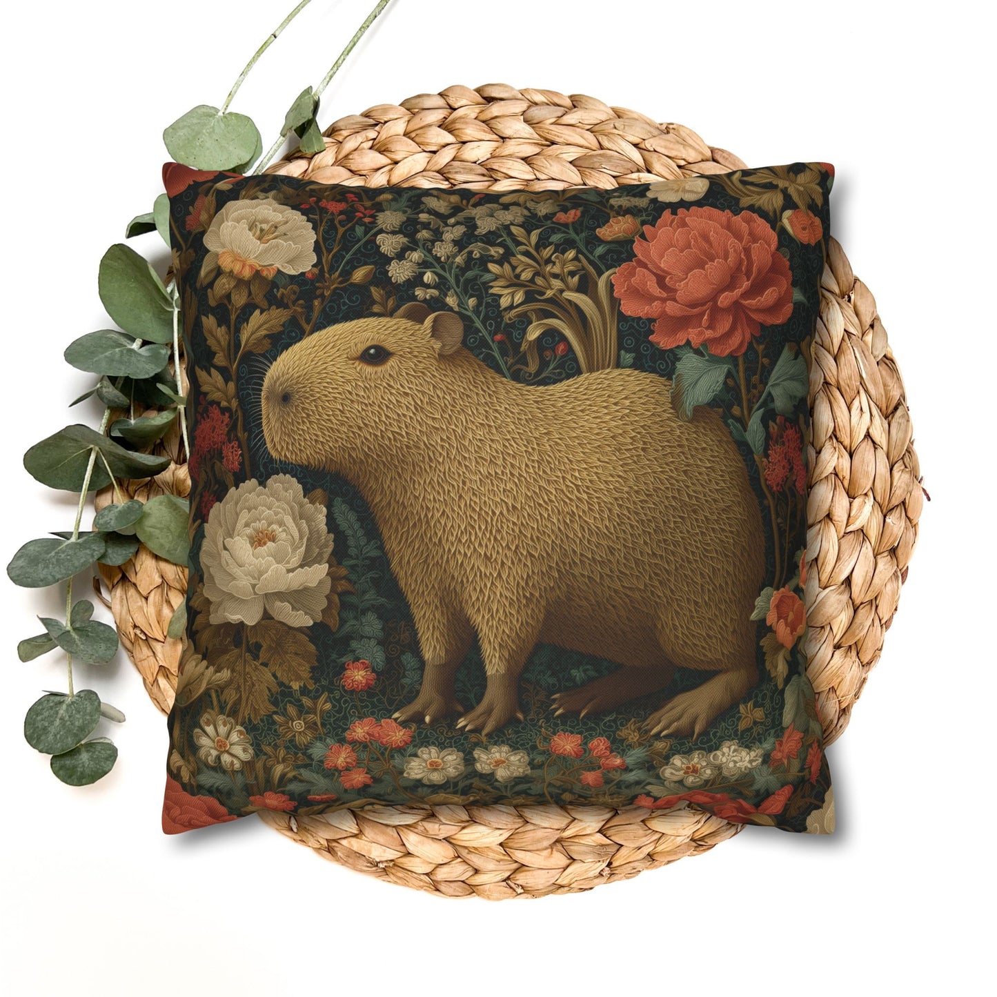 Capybara Vintage Floral Garden Pillowcase, William Morris Style Animal Cushion Pillowcase