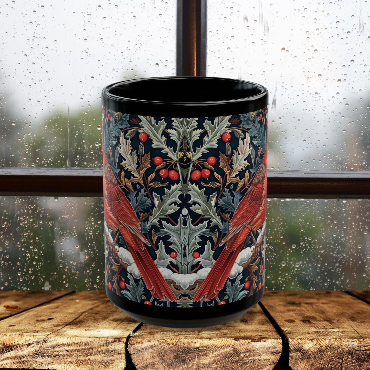 Red Cardinal Among Winter Florals Black Mug (11oz, 15oz)