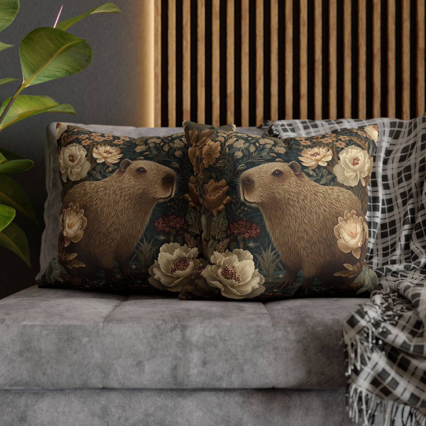 Capybara Botanical Pillowcase, William Morris Style Vintage Floral Animal Cushion
