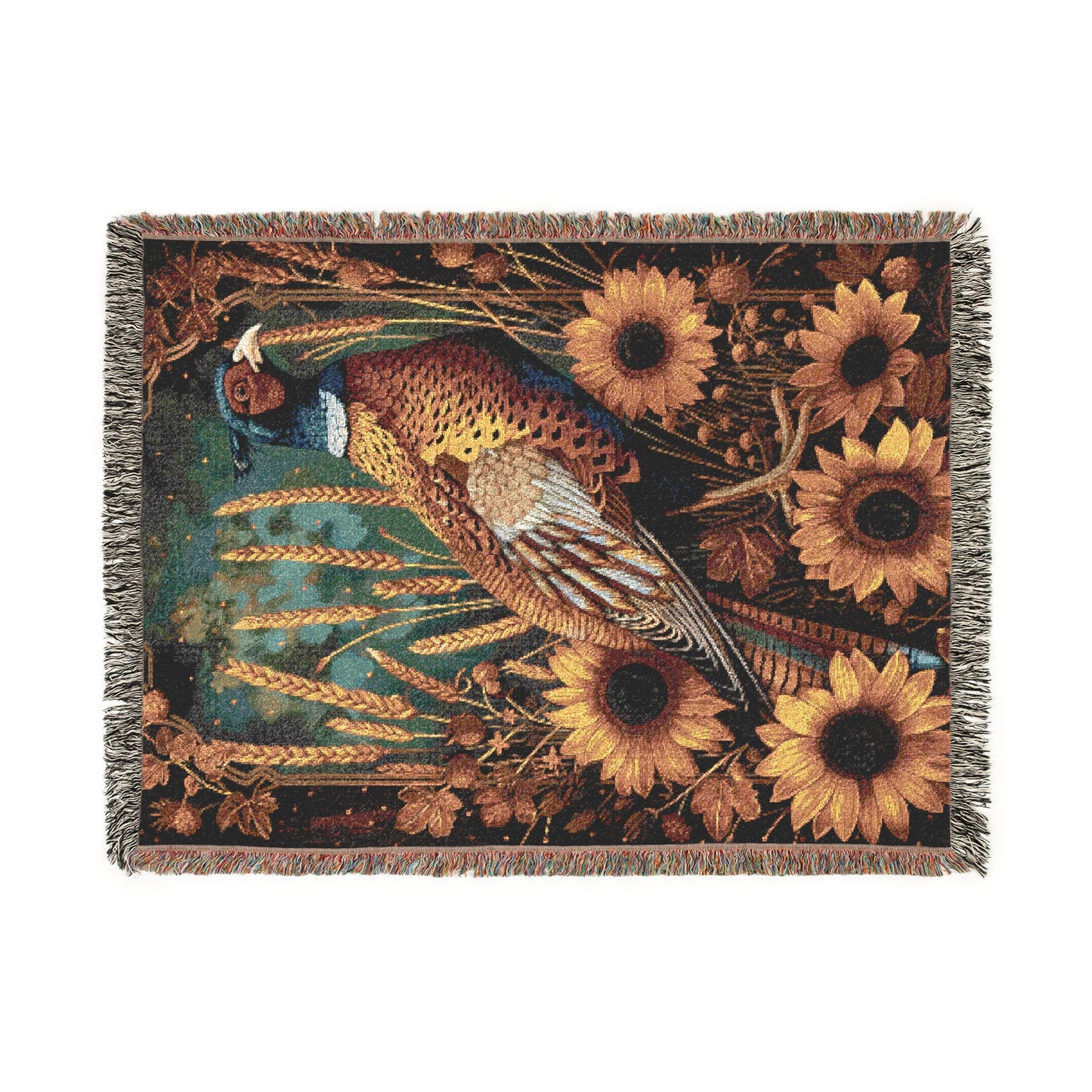 Autumn Pheasant & Sunflowers Woven Blanket, Vintage Farmhouse Fall Throw, Cozy Wildlife Nature Tapestry Blanket