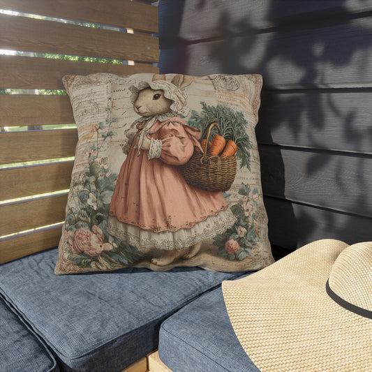 Vintage Bunny Outdoor Pillow, Cottagecore Rabbit Throw Pillow, Easter Bunny Cushion, Farmhouse Animal Decor, Spring Garden Pillow, Rustic Floral Accent Pillow Gift