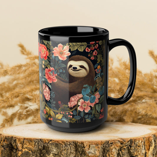 William Morris Inspired Floral Spring Sloth Black Mug