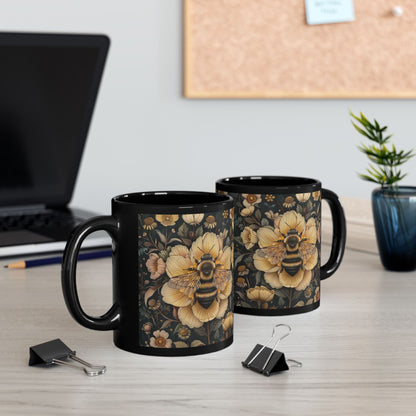 Botanical Bumblebee William Morris Inspired Black Coffee Mug For Her Him Ceramic Mug Black Mug 11oz, 15oz