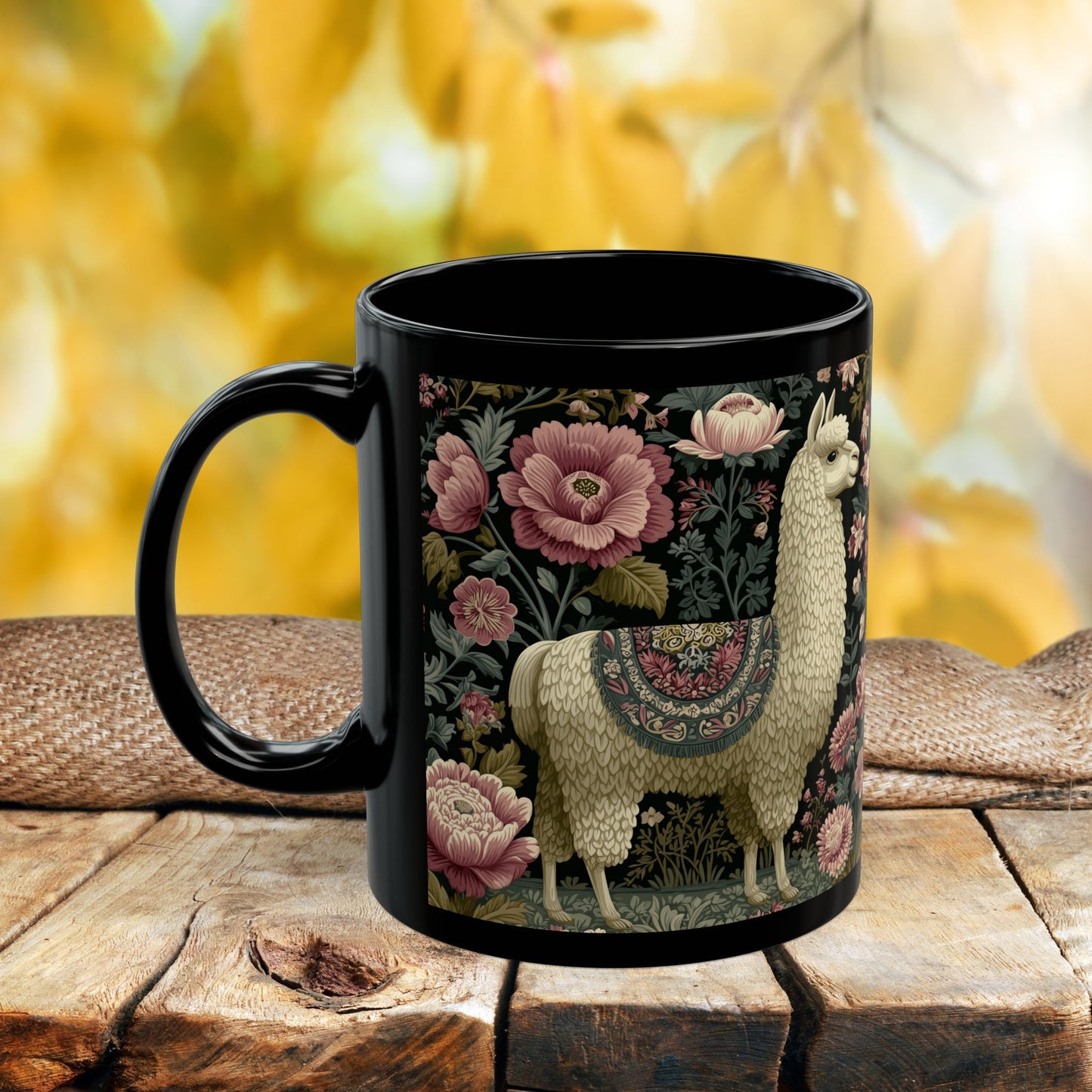 Botanical Llama Coffee Mug, William Morris Inspired Floral Black Ceramic Cup (11oz, 15oz)