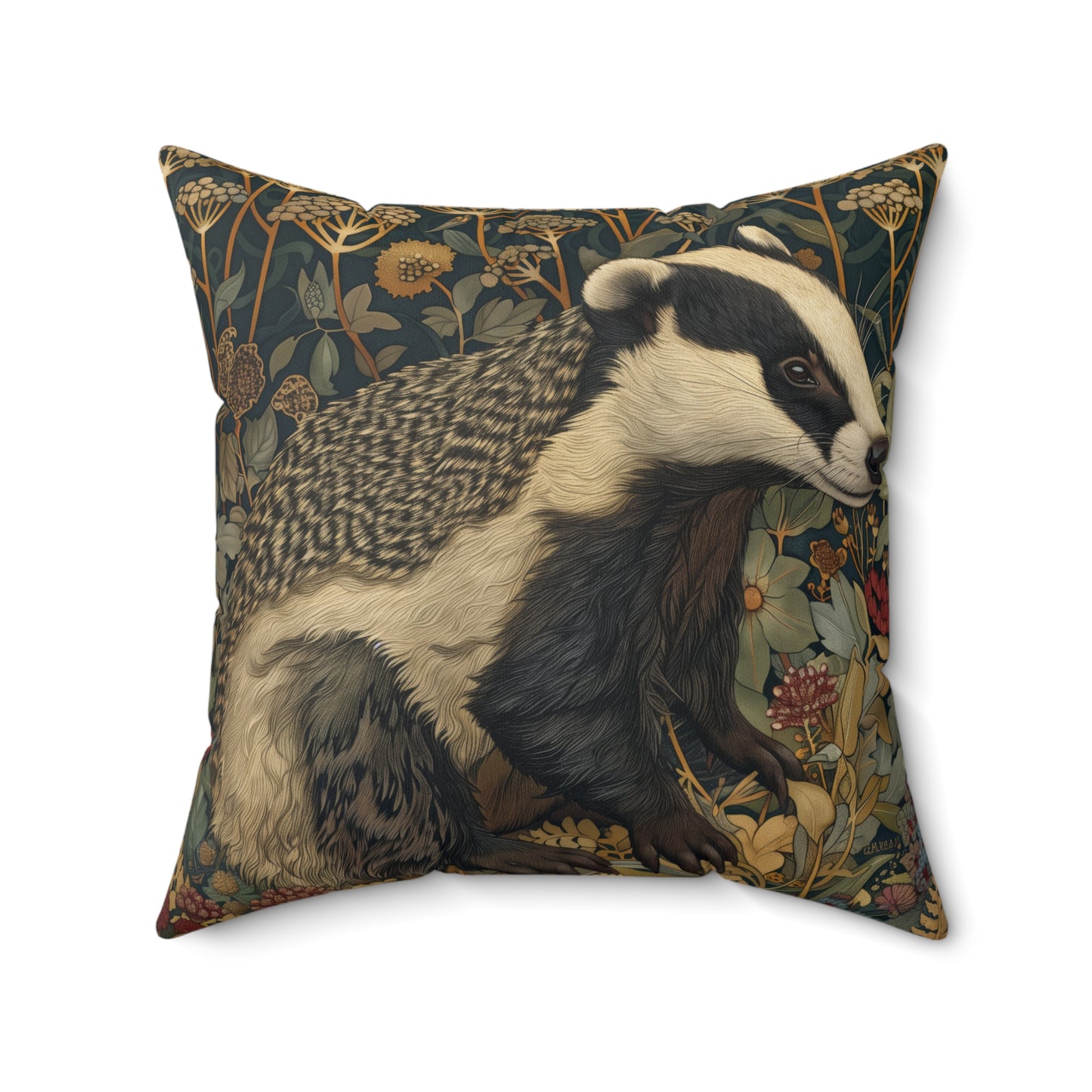 Vintage Badger Botanical Pillow, William Morris Inspired Woodland Animal Cushion