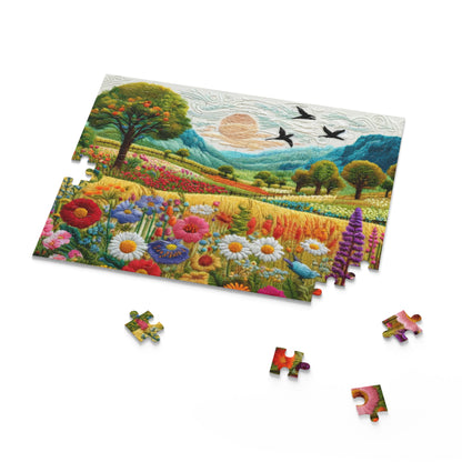 Embroidered Spring Wildflowers Jigsaw Puzzle (120, 252, 500-Piece) Gift-Ready Box, Adult Jigsaw Puzzle